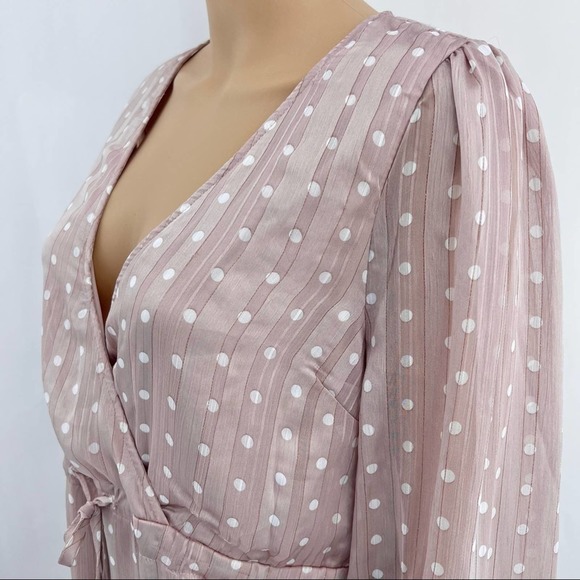 Lulus (L) Spotlight Moment Mauve Pastel Pink Polka Dot Chiffon Ruffle Mini Dress - Picture 3 of 9